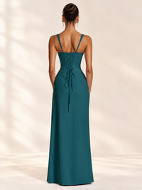 Square Neck Satin Sleeveless Ruched Prom Dress with High Slit