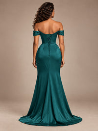 Burgundy Off-the-Shoulder Satin Corset Prom Dress with Slit