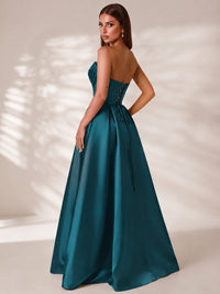 Strapless Corset Satin Prom Dress Long Evening Gown with High Slit