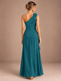 Sage Green One Shoulder Satin Formal Maxi Dress with 3D Floral