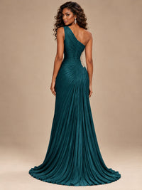 Burgundy One Shoulder Ruched Prom Dress with High Slit & Beaded Waist