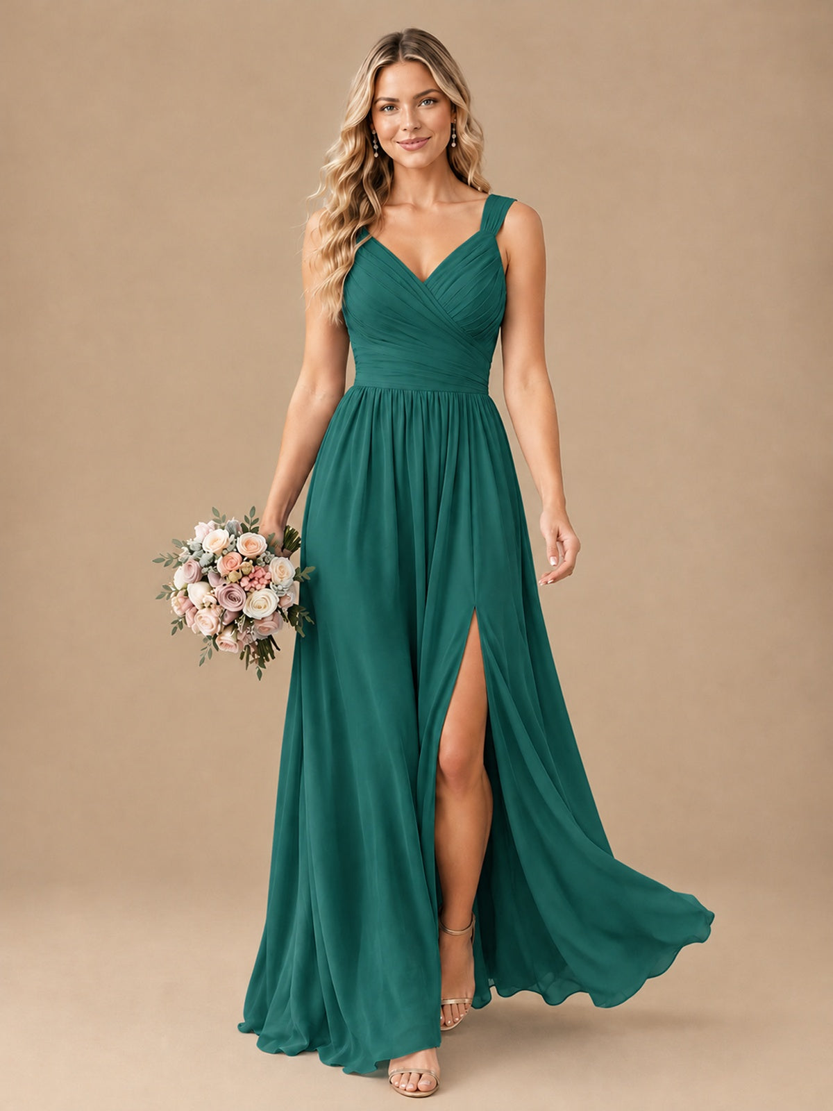 Pleated Chiffon V Neck Wedding Bridesmaid Dresses Floor Length with Slit