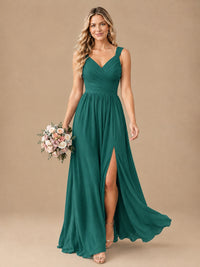 Pleated Chiffon V Neck Wedding Bridesmaid Dresses Floor Length with Slit