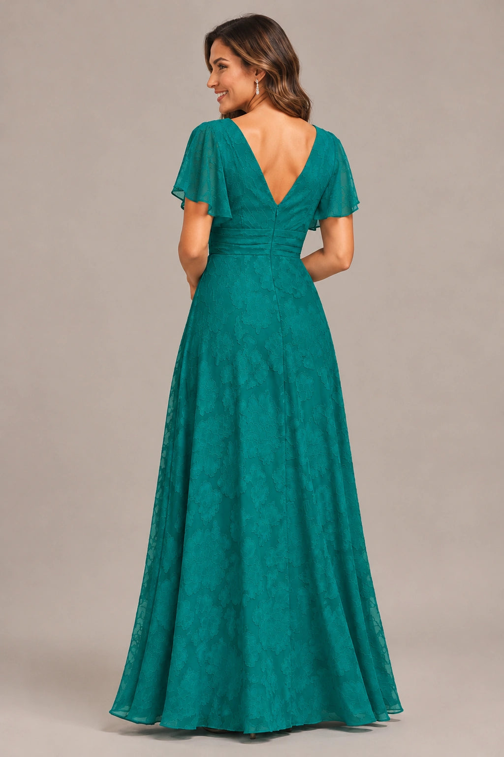 Jovellee Floral Chiffon A-Line Mother of the Bride Dress with Flutter Sleeves