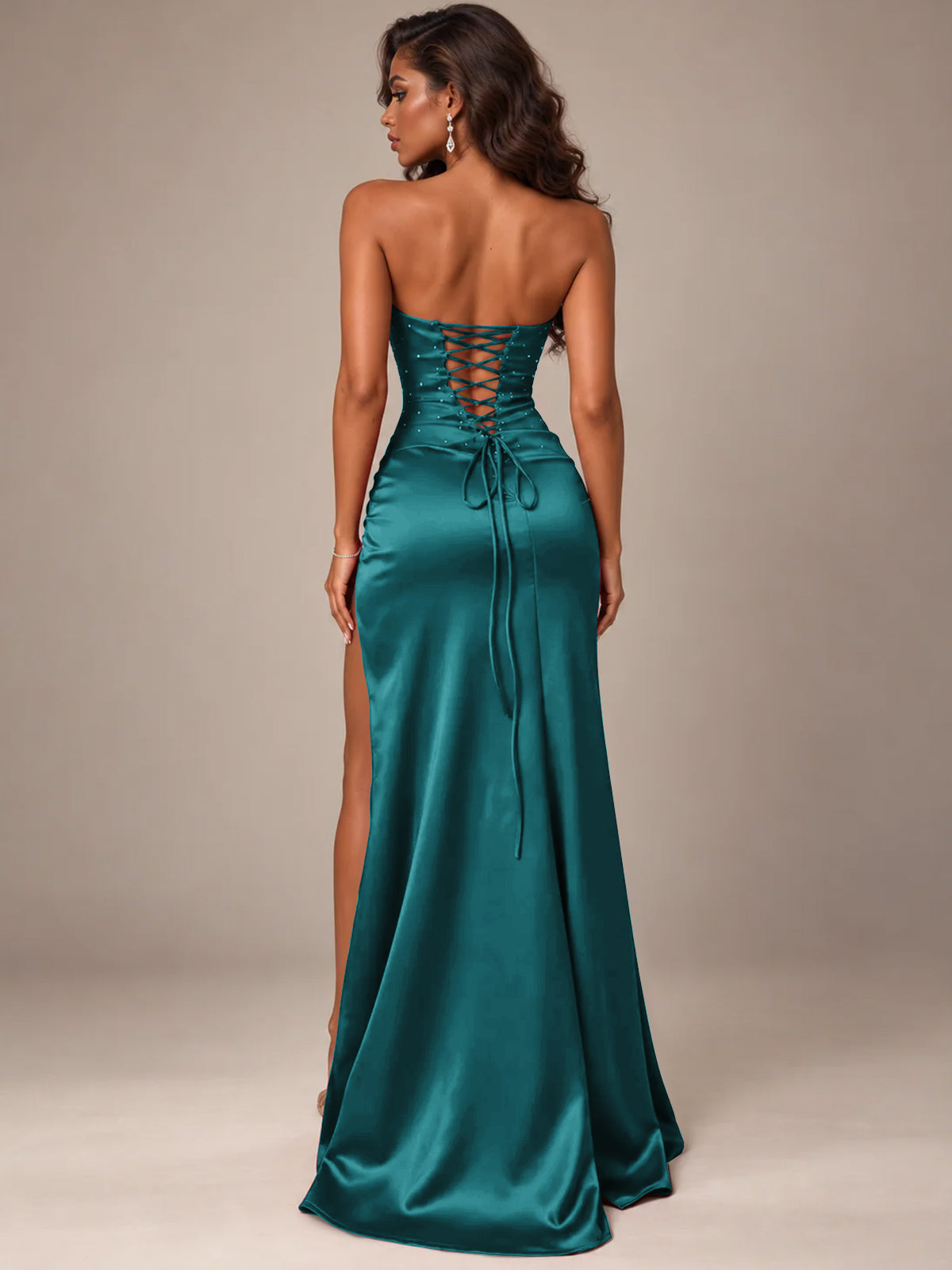Burgundy Strapless Sparkly Corset Prom Dress with High Slit