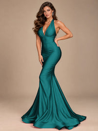 Pink Halter Deep V-Neck Ruched Mermaid Prom Dress