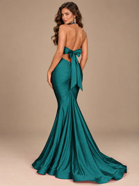Pink Halter Deep V-Neck Ruched Mermaid Prom Dress