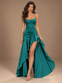 Burgundy Spaghetti Strap Ruched Prom Dress with Ruffled High Slit