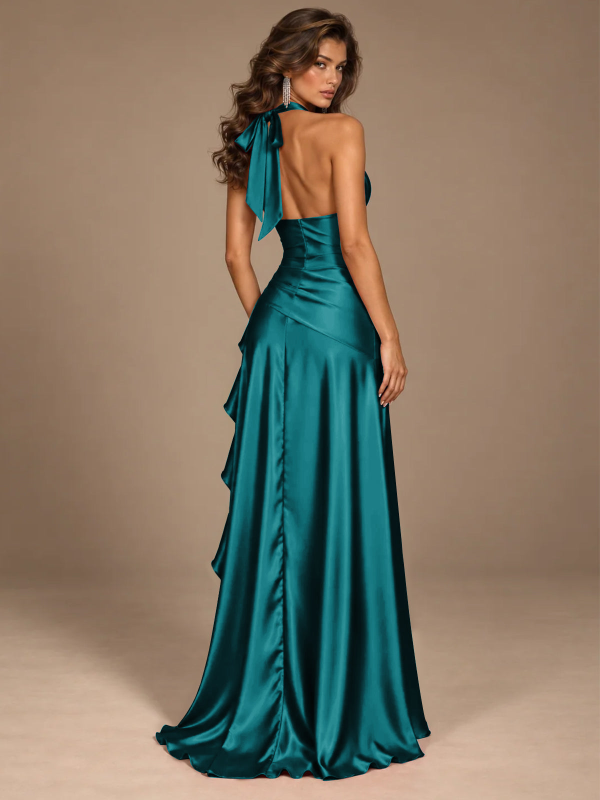 Burgundy Halter Deep V-Neck Ruched High Slit Ruffle Prom Dress