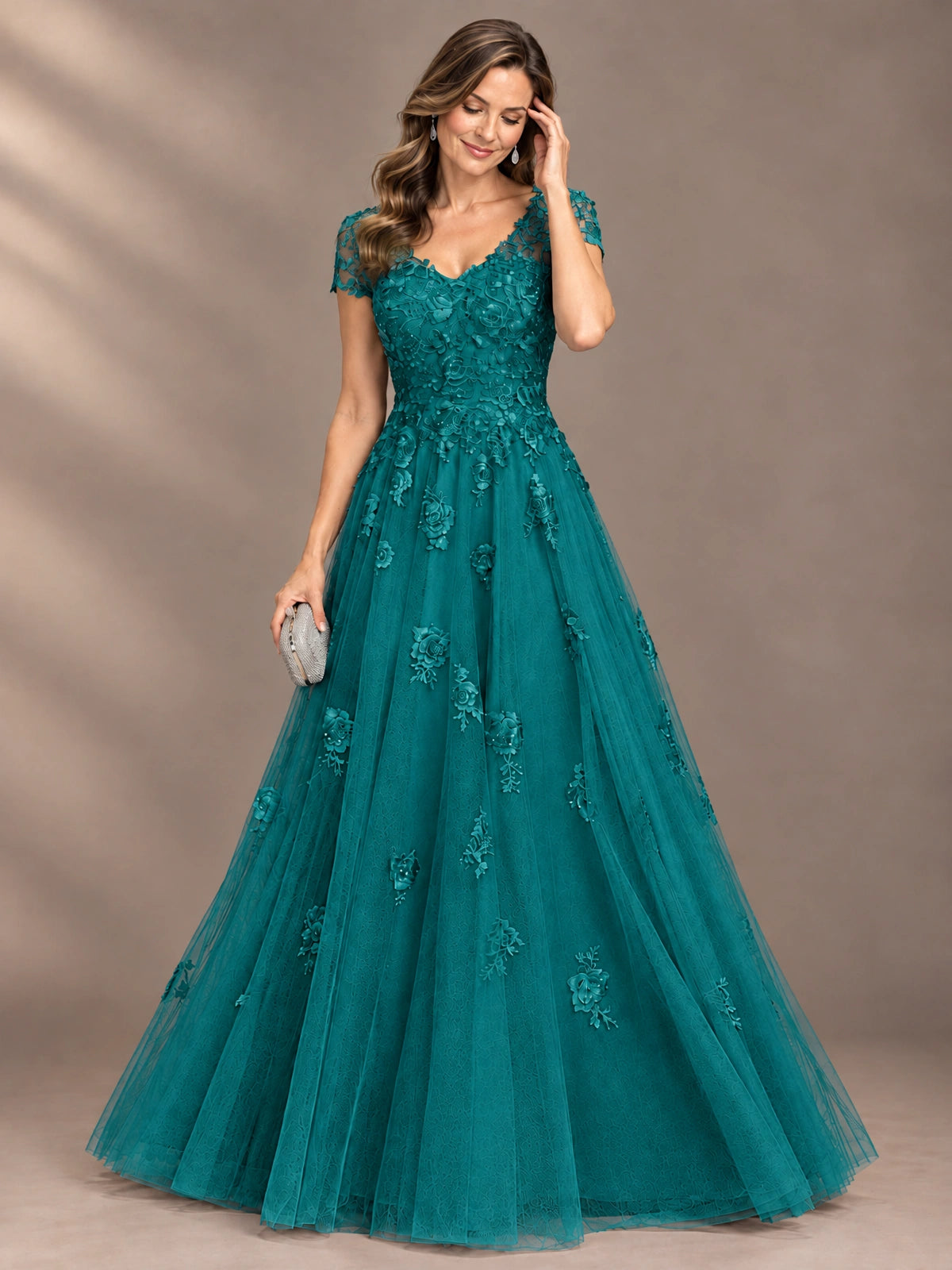 Lace Appliques A-line Mother of The Bride Dresses with Short Sleeves