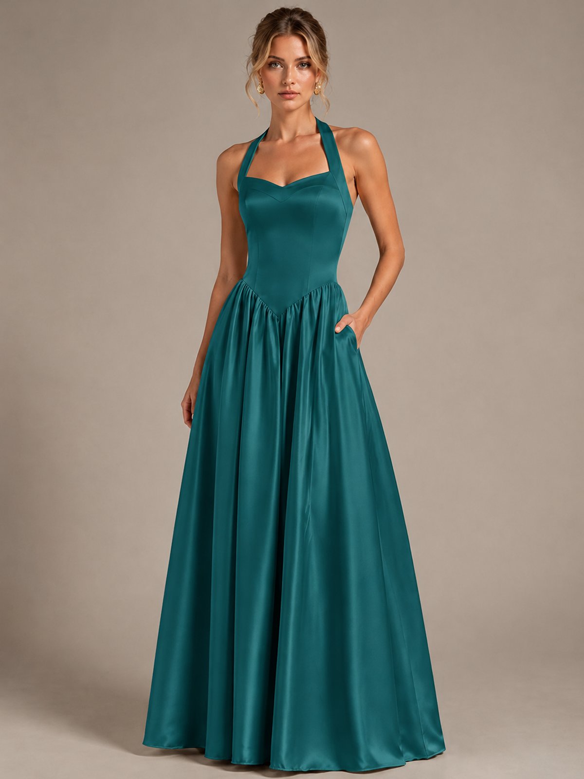 Light Yellow Halter Neck Satin A-Line Maxi Dress with Pockets