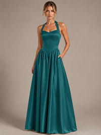 Light Yellow Halter Neck Satin A-Line Maxi Dress with Pockets