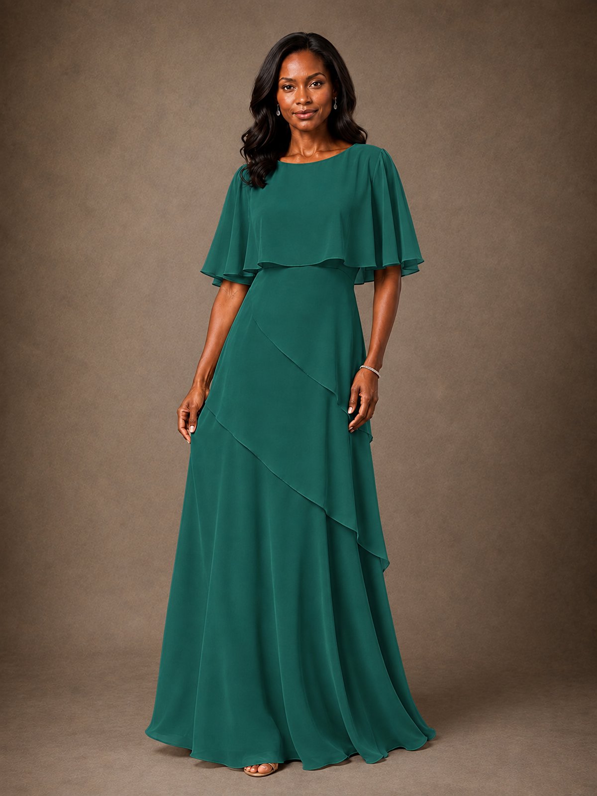 Taupe Chiffon A-Line Mother of the Bride Dress with Cape Sleeves