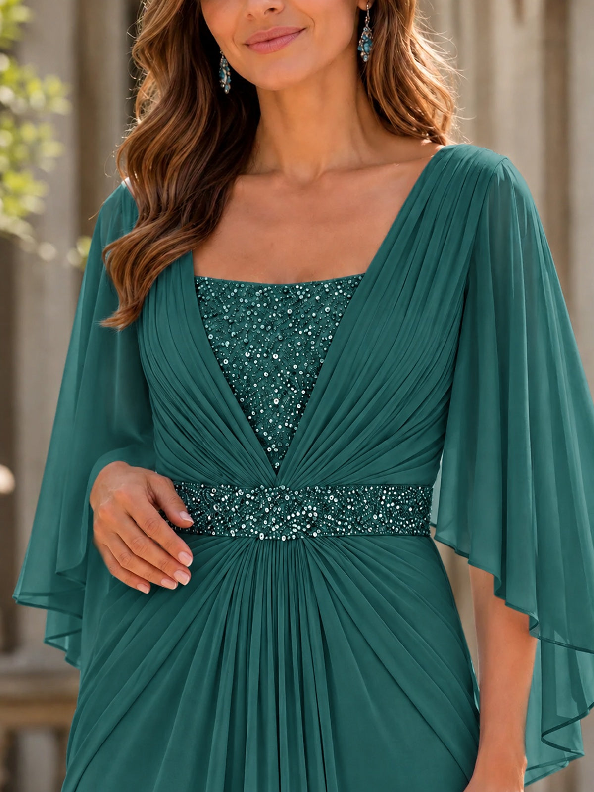 Elegant V-Neck Sequined Chiffon Mother of the Bride Dress with Flutter Sleeves