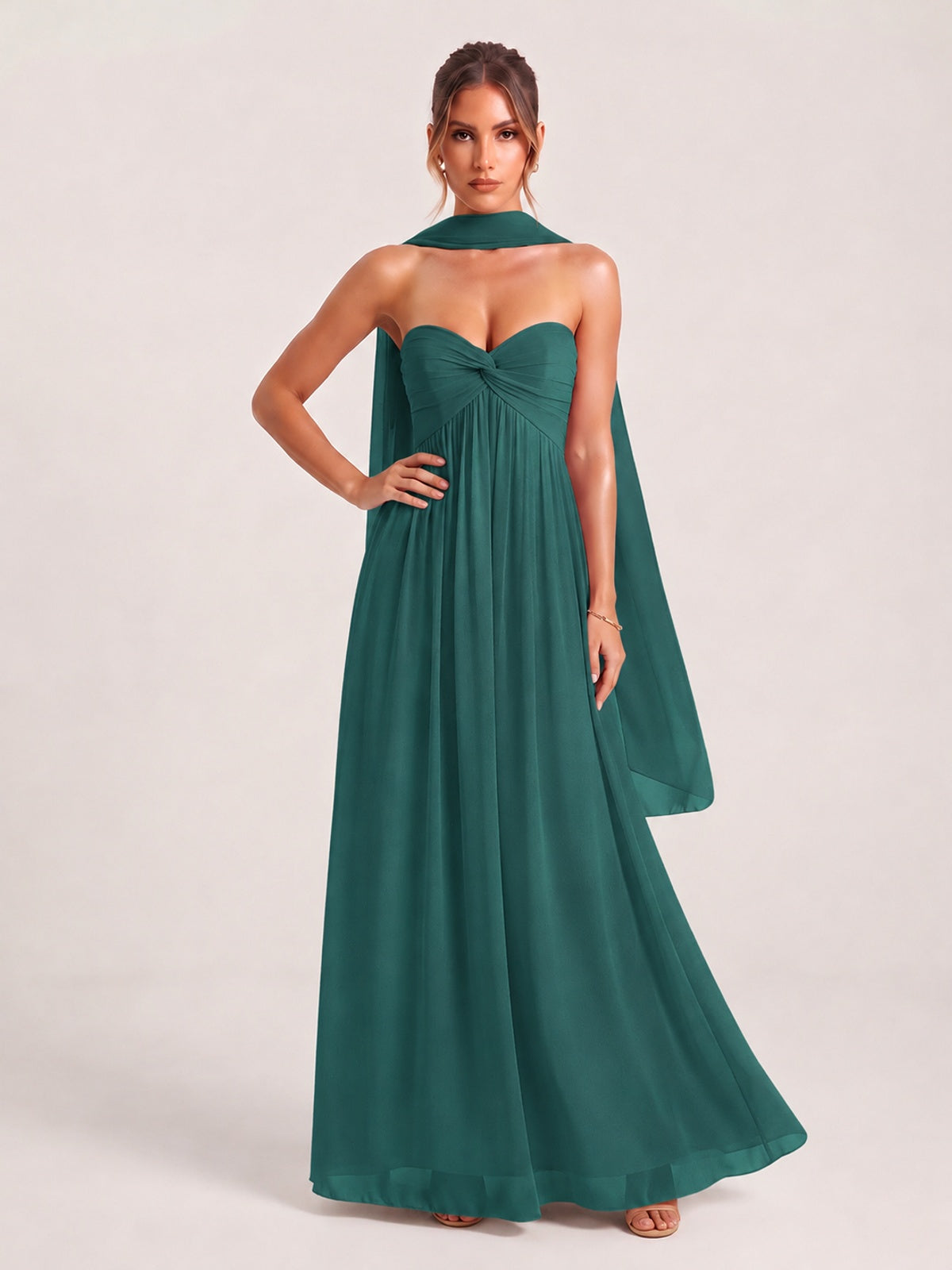 Strapless Ruched Chiffon Long Prom Dress with Scarf