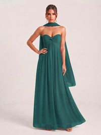 Strapless Ruched Chiffon Long Prom Dress with Scarf