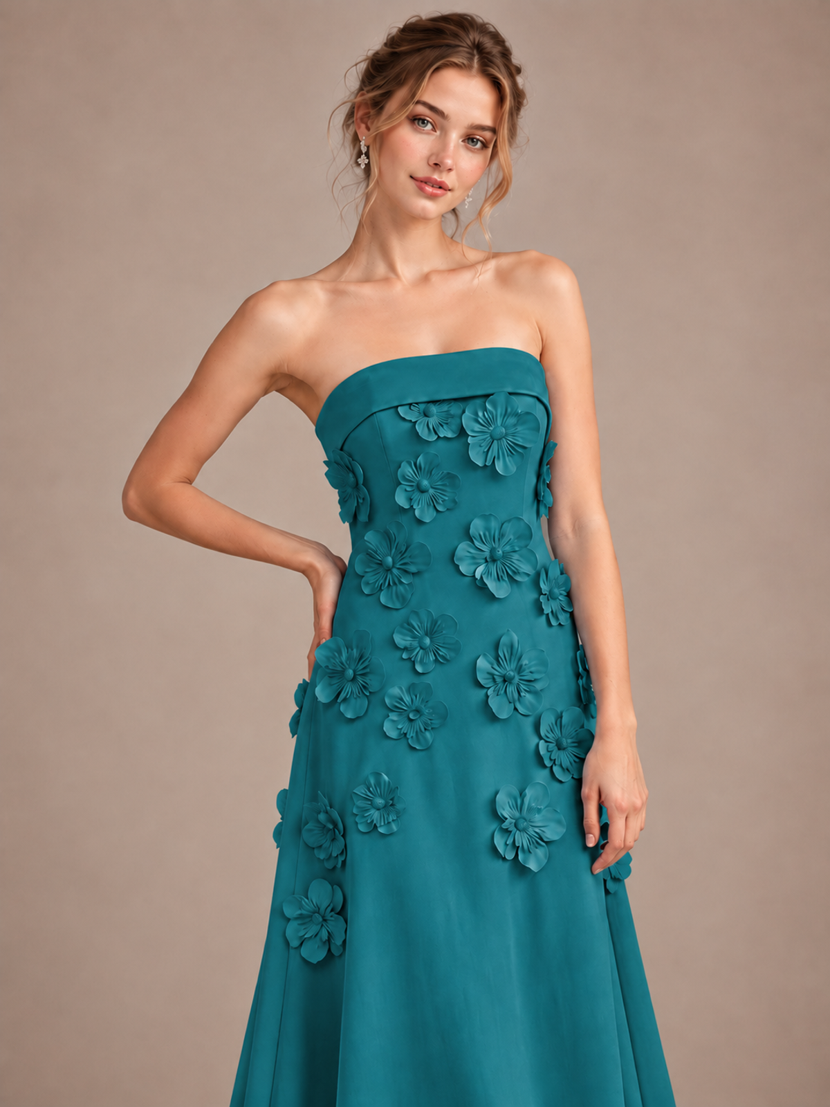 Yellow Strapless 3D Floral Appliques Maxi Dress