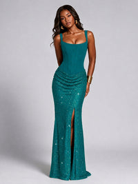 Sequin Corset Mermaid Prom Dress with Square Neck Wide Strap High Slit