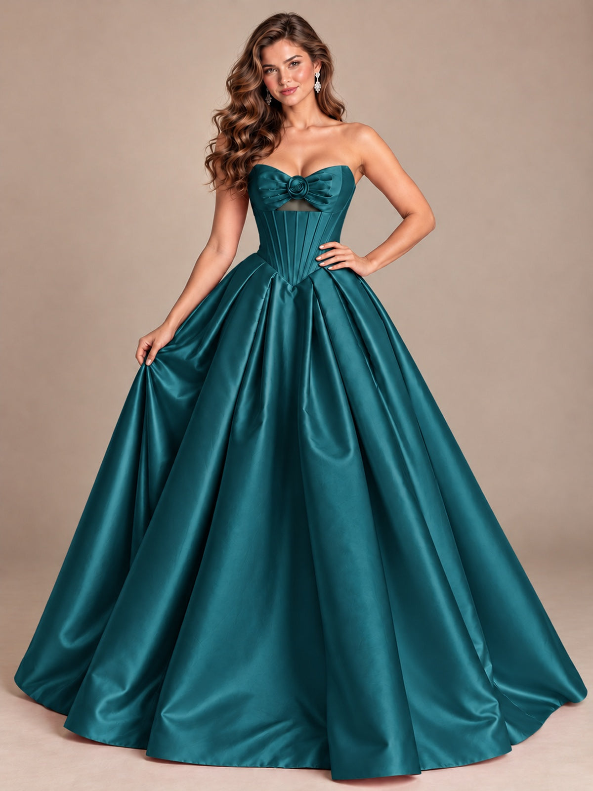 Pink Strapless Corset Satin Prom Derss & Ball Gown with 3D Floral