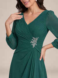V-Neck Pleated Chiffon Mother of the Bride Dress with Flutter Sleeves