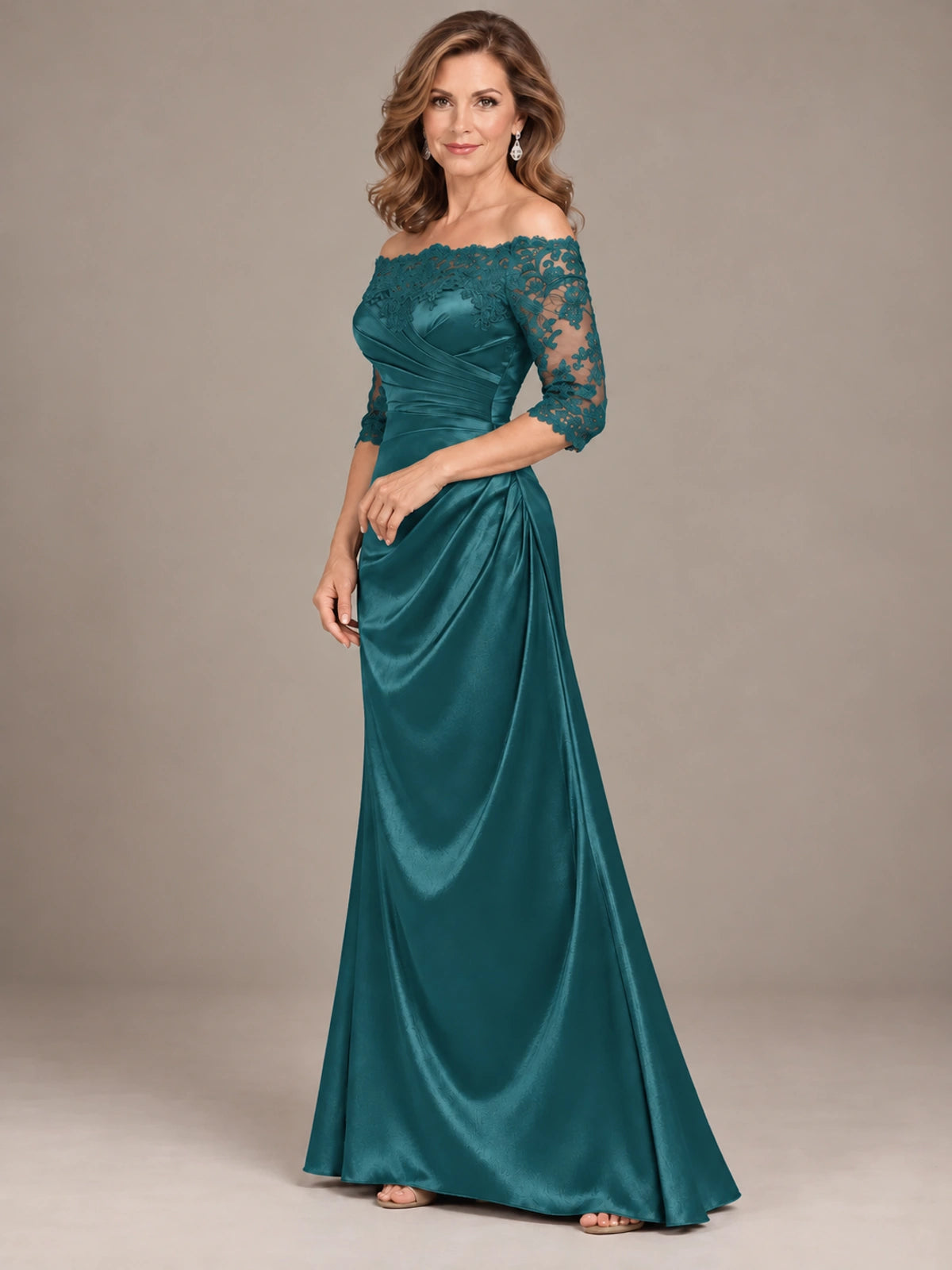 Satin Mother of the Bride Dress with Lace Sleeves Off Shoulder Formal Gown
