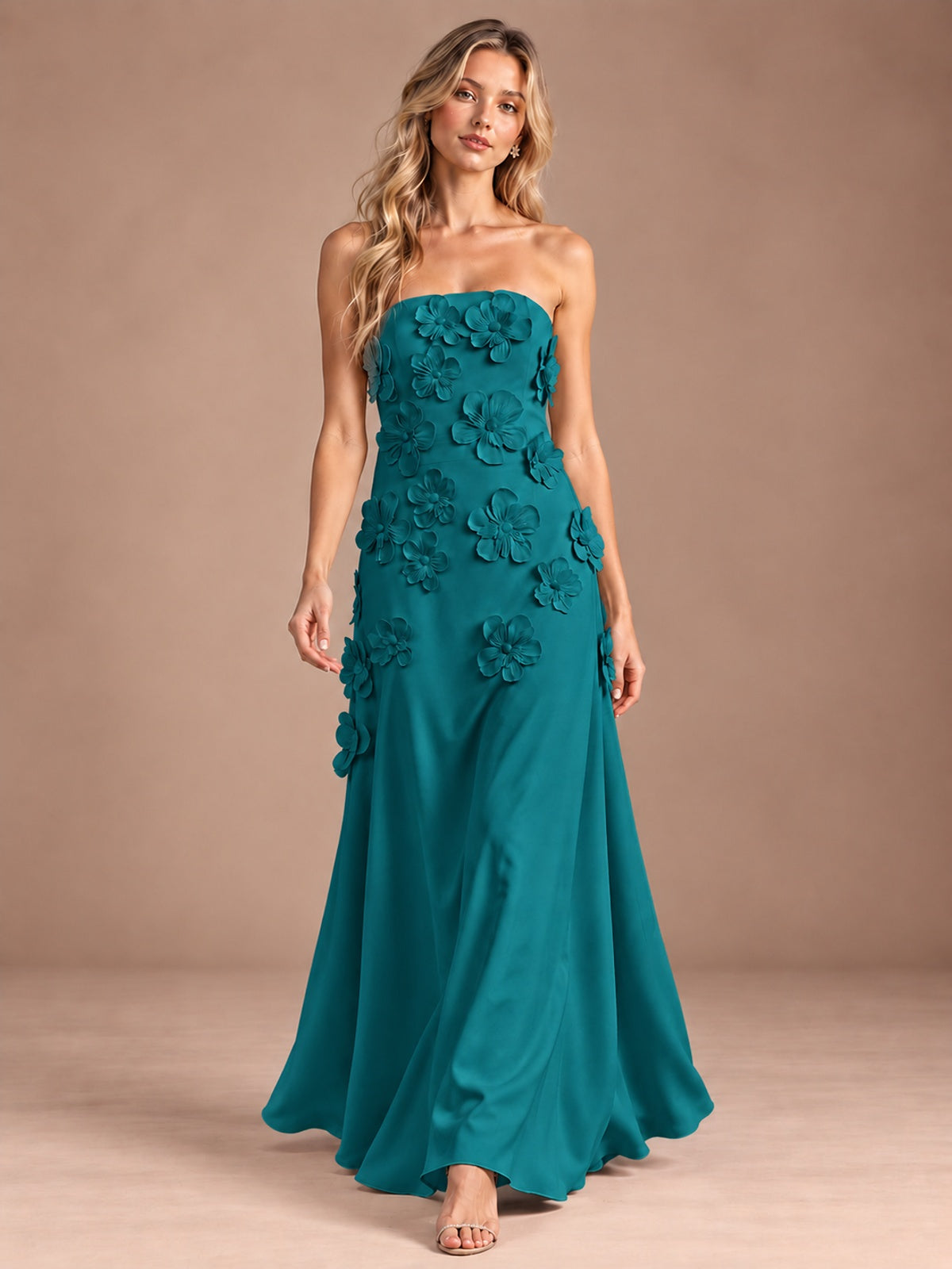 Yellow Strapless A-line Satin Maxi Dress with 3D Floral