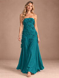 Yellow Strapless A-line Satin Maxi Dress with 3D Floral