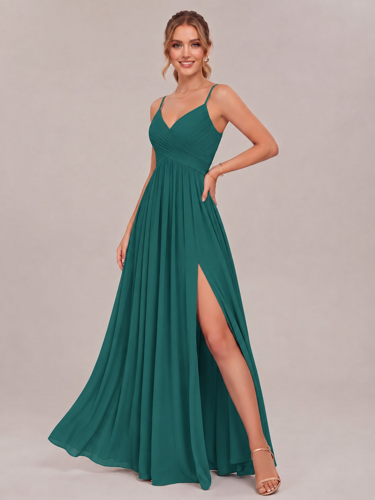 V-Neck Pleated Chiffon Long Bridesmaid Dress with Slit