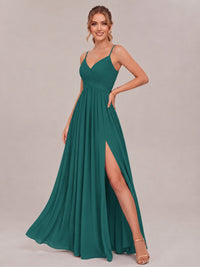 V-Neck Pleated Chiffon Long Bridesmaid Dress with Slit