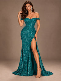 Off the Shoulder Corset Sequin Mermaid Prom Dress with Slit