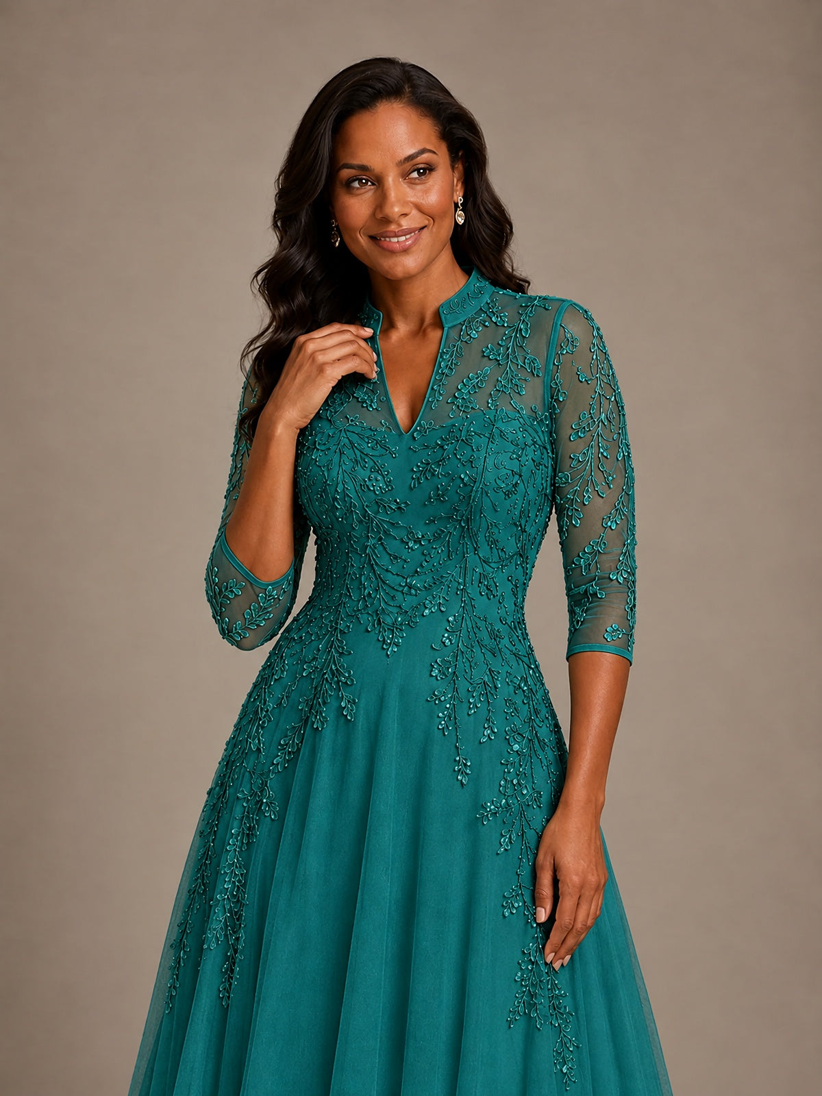 Embellished Appliques Mother of the Bride Dress with 3/4 Sleeves