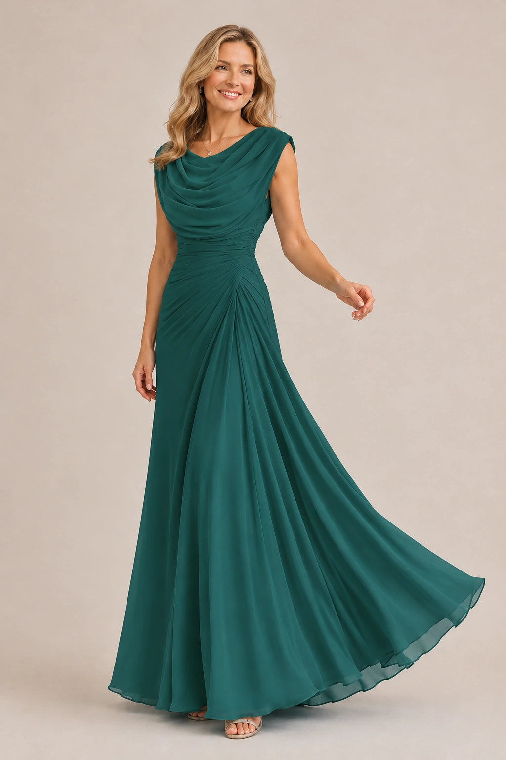 Cowl Neck Ruched Chiffon Mother of the Bride Dress