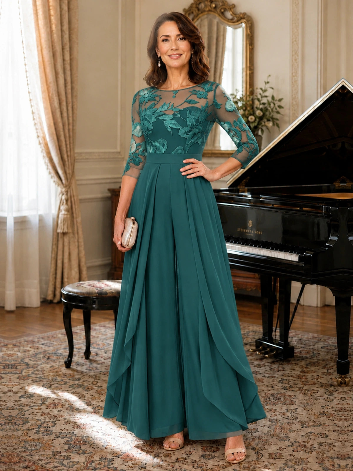 Lace Applique Wide-Leg Chiffon Mother of the Bride Jumpsuit