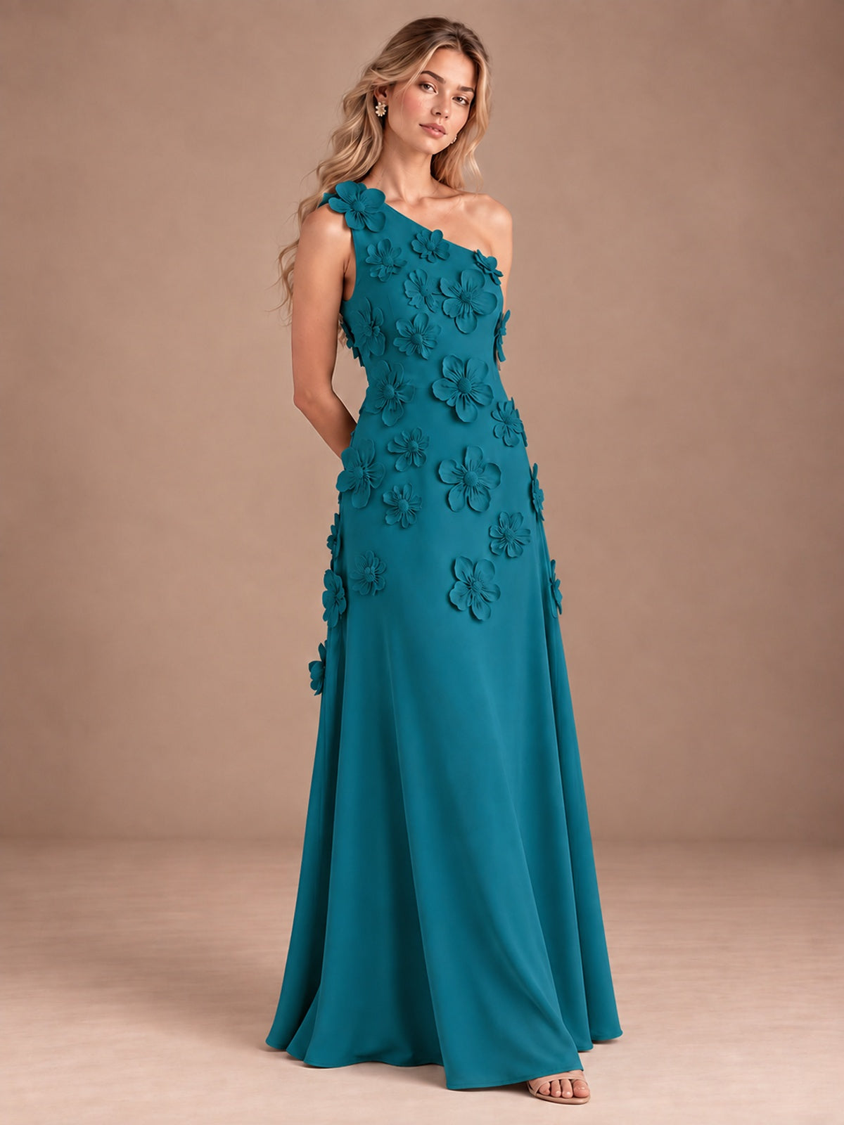 Sage Green One Shoulder Satin Formal Maxi Dress with 3D Floral