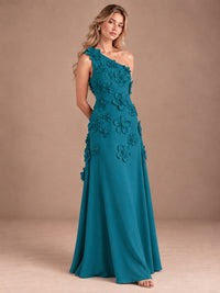 Sage Green One Shoulder Satin Formal Maxi Dress with 3D Floral