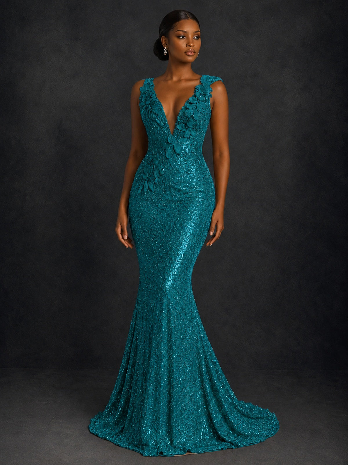 Gold Sequin Floral Applique Mermaid Prom Dress