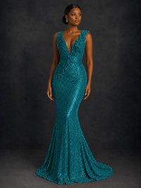 Gold Sequin Floral Applique Mermaid Prom Dress