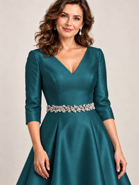 V-Neck Tea-Length Mother of the Bride Dress with Embellished Waist