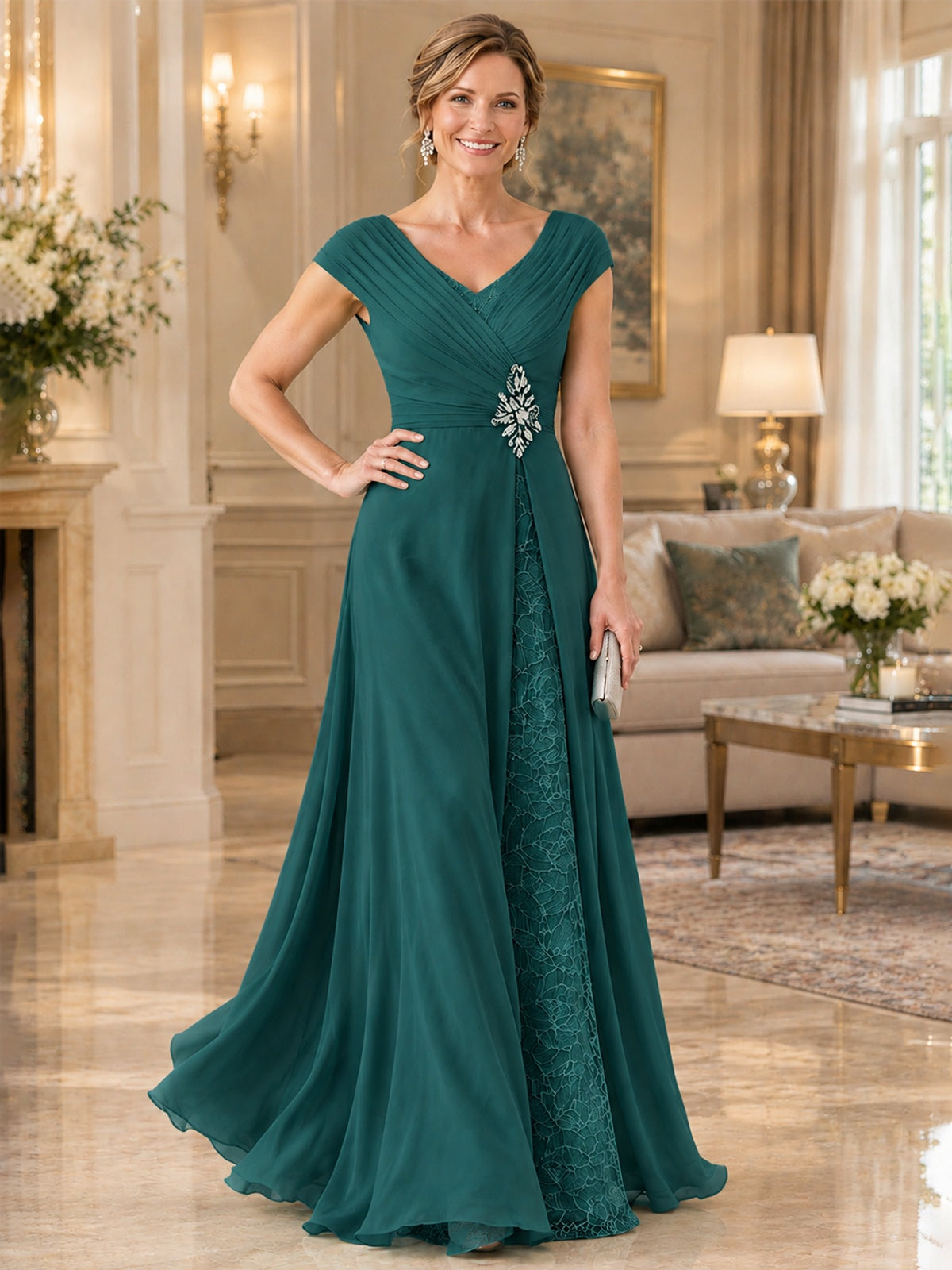 Pleated Chiffon Lace Mother of The Bride Dresses with Beading Cap Sleeves