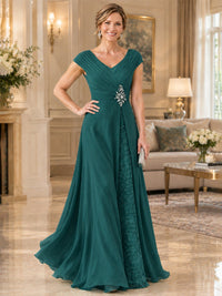 Pleated Chiffon Lace Mother of The Bride Dresses with Beading Cap Sleeves