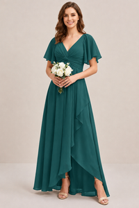 Dusty Blue Chiffon Bridesmaid Dress with Flutter Sleeves & High-Low Hem