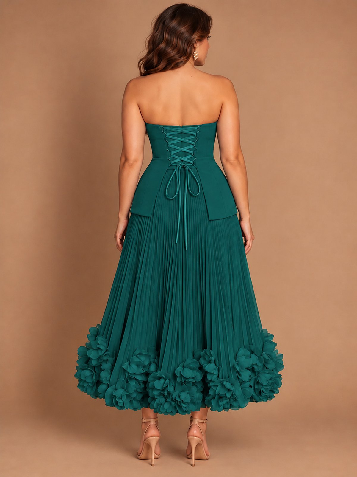 Navy Blue Strapless Pleated A-Line Midi Dress with 3D Floral Applique