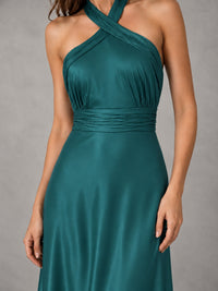 Sage Green Satin A-Line Bridesmaid Dress with Halter Neck