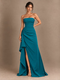 Black and White Strapless Ruched Prom Dress with High Slit & Side Drape