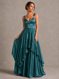 Lavender Satin V-Neck Ruffle Maxi Dress
