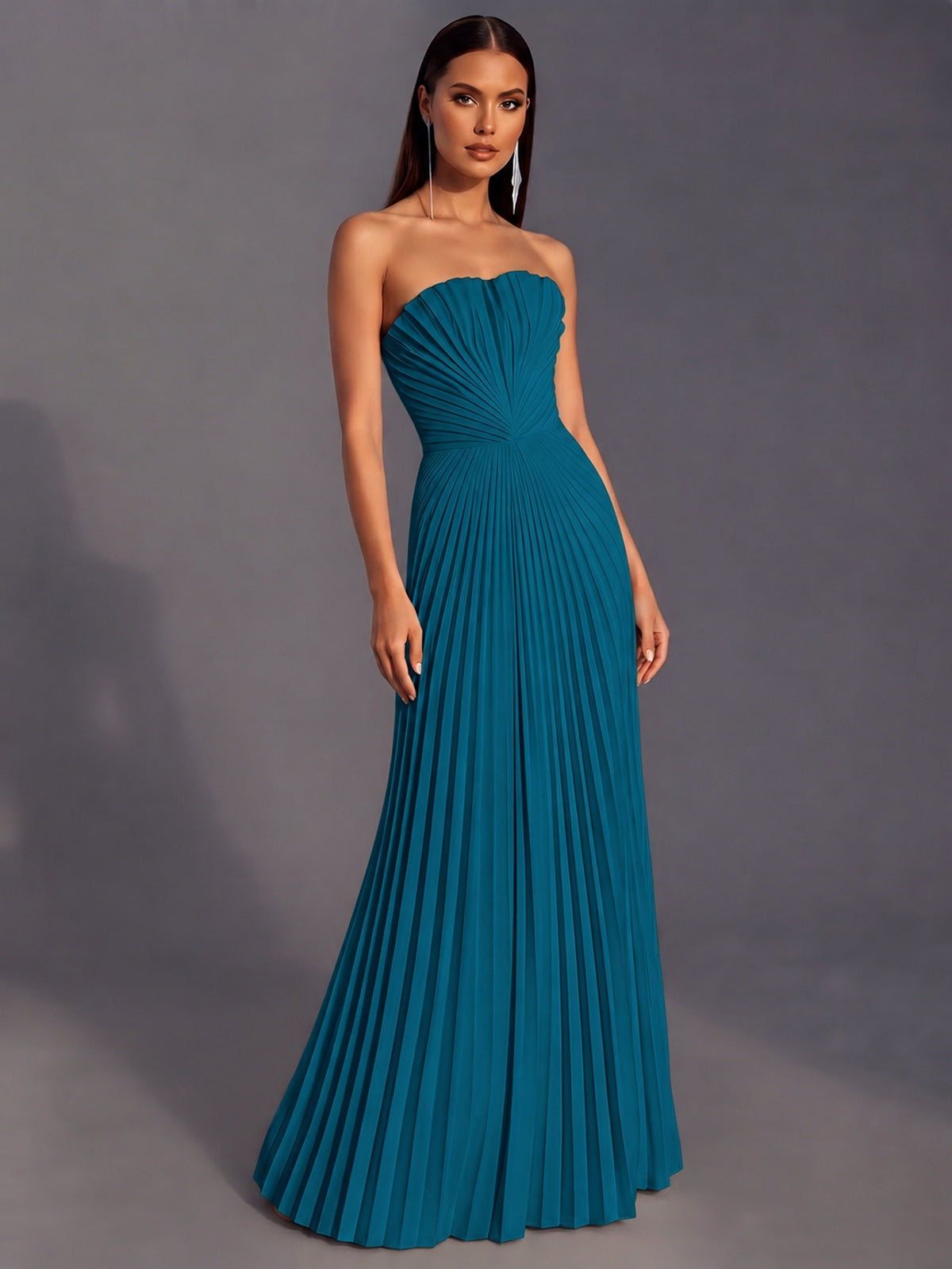 Strapless A-line Long Pleated Satin Prom Dress
