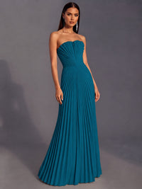 Strapless A-line Long Pleated Satin Prom Dress