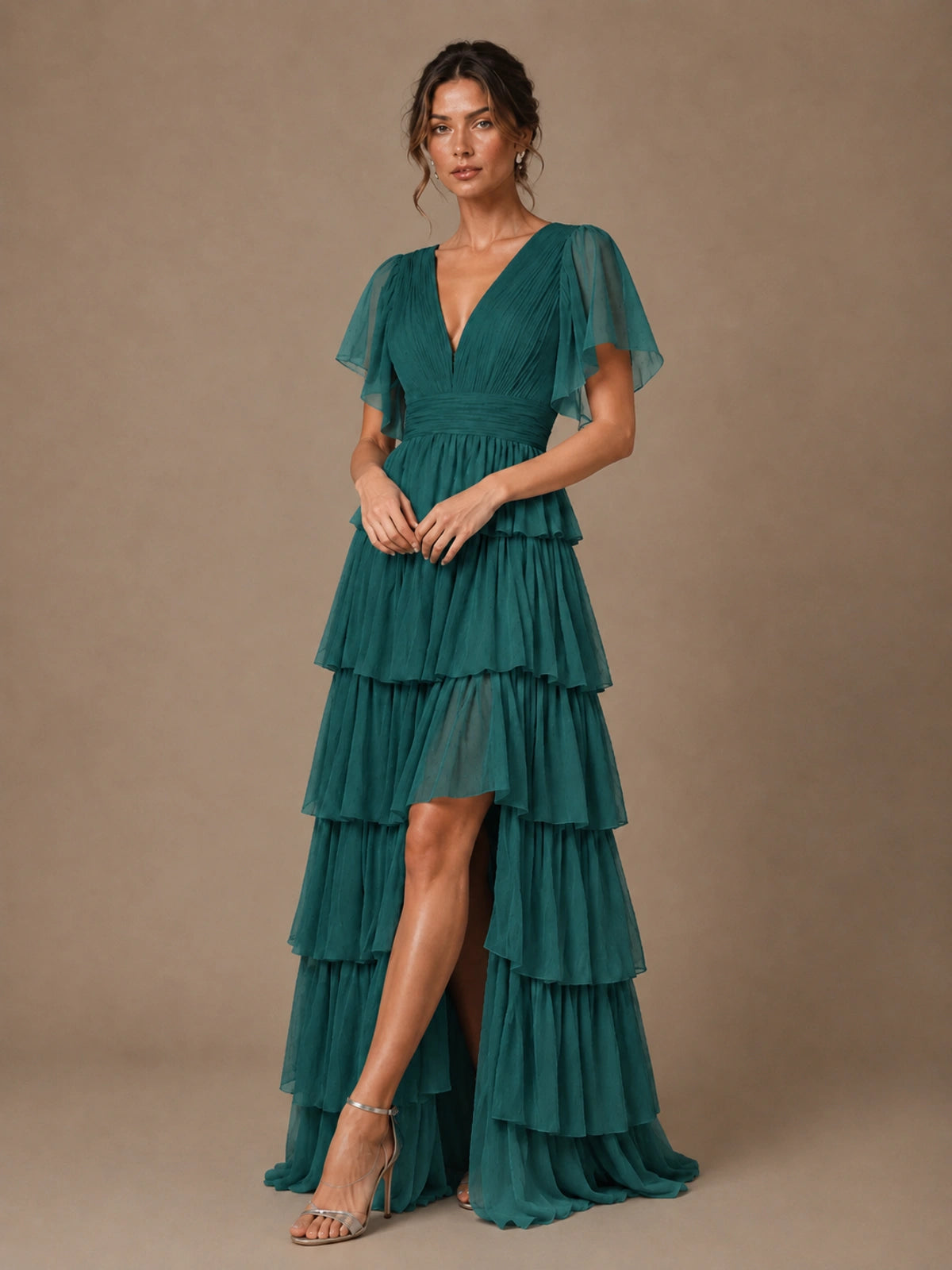 Chiffon V-Neck Tiered Ruffle Bridesmaid Dress with Slit
