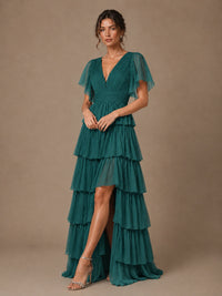 Chiffon V-Neck Tiered Ruffle Bridesmaid Dress with Slit