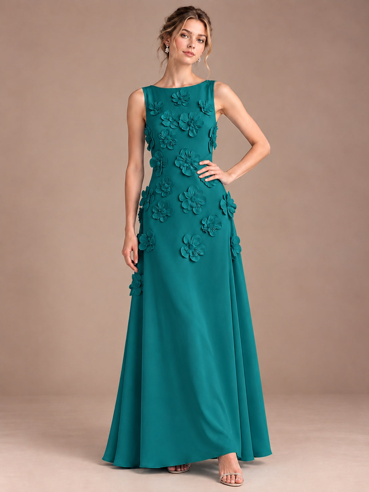 3D Floral Applique Sleeveless Formal Maxi Dress